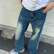美式复古牛仔裤男高街潮牌ins宽松条纹垂坠感百搭oldschool裤子，男装牛仔裤，星座601-2
