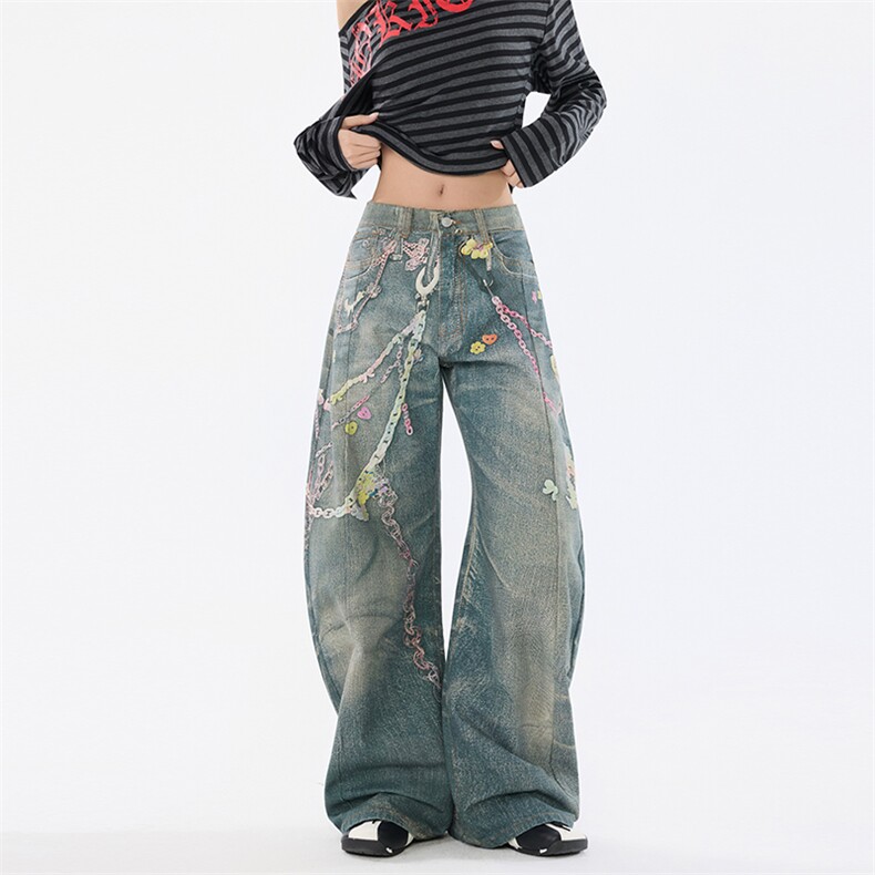 复古阔腿牛仔裤女新款链条印花直筒裤宽松垂感拖地裤YD9032-P85，男装牛仔裤，星座509