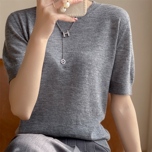 精纺100纯羊毛针织短袖T恤女夏季薄款宽松显瘦简约韩版百搭打底衫图片