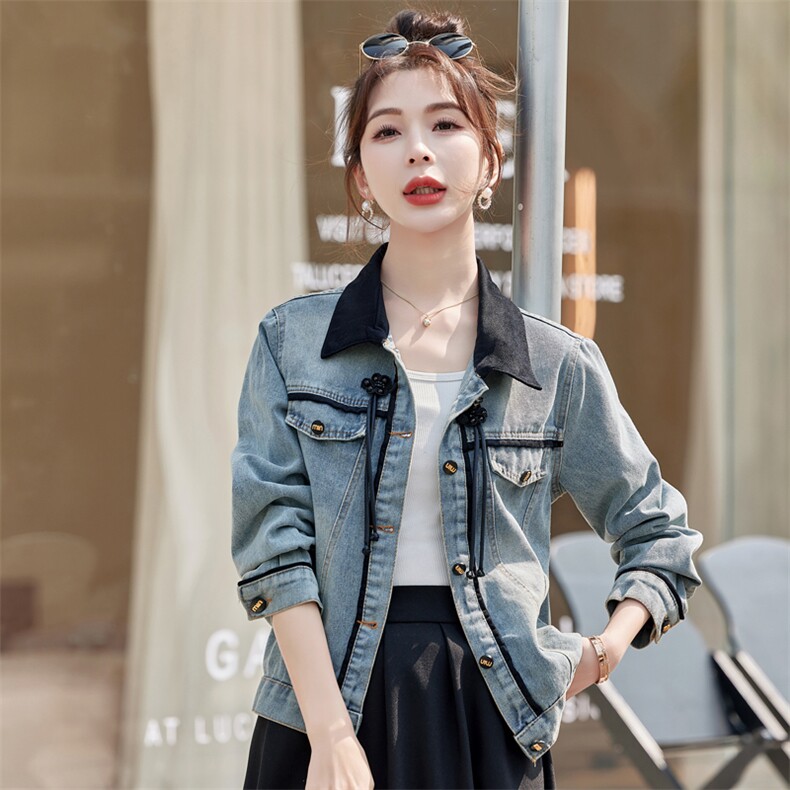 大码女装胖mm新中式盘扣牛仔外套2025春新款复古显瘦短款上衣,女装短外套,江忆布依