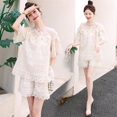 2023夏装新款精美蕾丝镂空百搭上衣套装时尚有范阔腿短裤两件套子,女装套装/套裙,橙子家, 2023夏装新款精美蕾丝镂空百搭上衣套装时尚有范阔腿短裤两件套子,女装套装/套裙,橙子家,