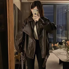 美式高级感复古黑色皮衣外套设计拉链开衫宽松小个子加绒夹克上衣，男装夹克，星座506A