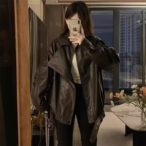 美式高级感复古黑色皮衣外套设计拉链开衫宽松小个子加绒夹克上衣图片