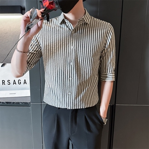 夏季男士七分袖条纹衬衫男休闲修身休闲衬衣A236-C665-P55图片
