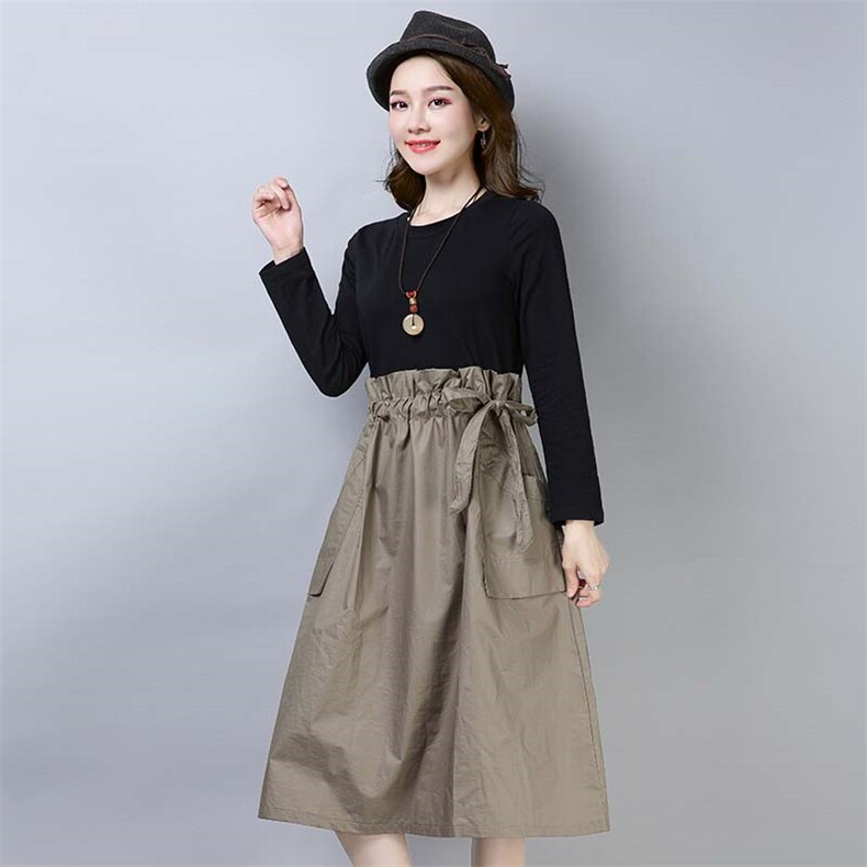 时尚都市潮流纯色长袖收腰气质圆领套头中长款系带连衣裙，女装连衣裙，小林双子