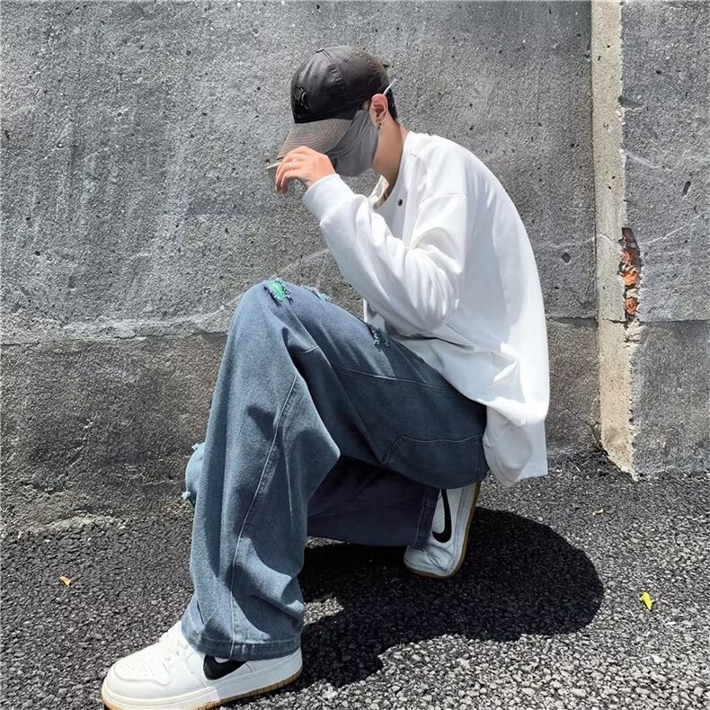 美式高街破洞牛仔裤男新款直筒宽松潮牌坠感阔腿长裤子NK503-p47,男装牛仔裤,星座1008