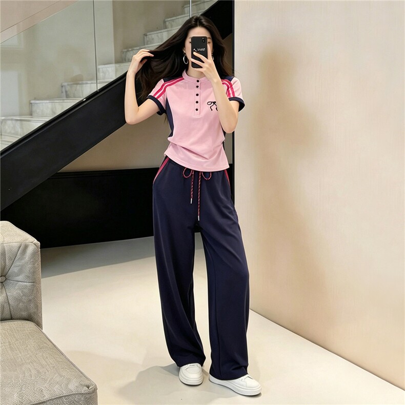轻奢洋气时尚套装女夏新款条纹拼接半开领短袖上衣阔腿长裤两件套图片