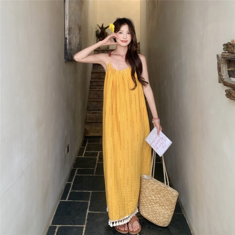 黄色流苏吊带连衣裙女2025夏季新款高级感超好看海边度假气质长裙,女装连衣裙,浙宝208