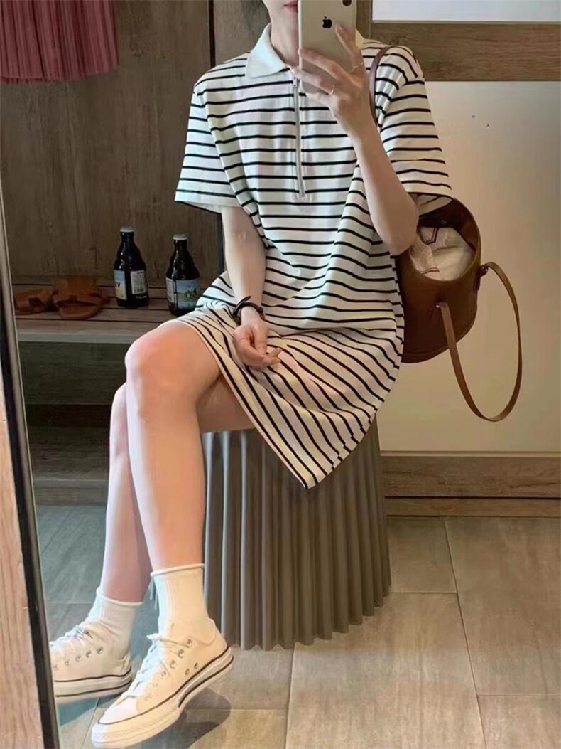 条纹翻领连衣裙，女装连衣裙，依多坊