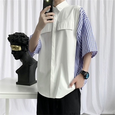 宽松男友风嘻哈潮牌条纹拼接条纹衬衫711C25P30，男装衬衫，星座513
