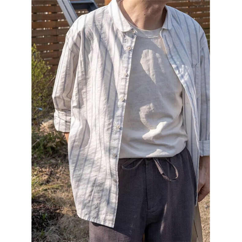 条纹短袖衬衫男日系复古痞帅衬衣夏季度假慵懒风长分袖C139,男装T恤,星座1116A（原606A-3）