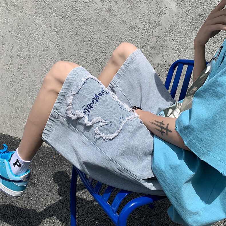 港风潮流百搭毛边小熊牛仔裤中性夏季韩版牛仔短裤DK22835-P40,男装牛仔裤,电商A042