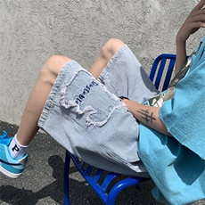 港风潮流百搭毛边小熊牛仔裤中性夏季韩版牛仔短裤DK22835-P40，男装牛仔裤，电商A042