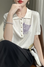 韩系翻领桑蚕丝针织衫女上衣夏季2025新款POLO领卡通猫咪短袖T恤，女装T恤，凯思米羊绒