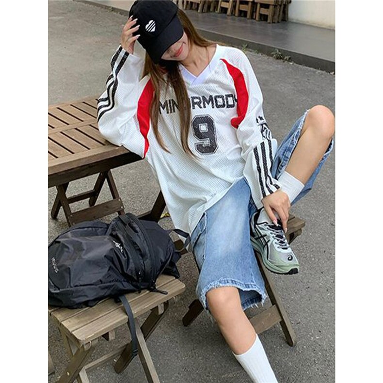 早秋新款美式复古V领球衣网面拼接宽松长袖T恤上衣男女潮ins情侣,男装T恤,星座1210-1