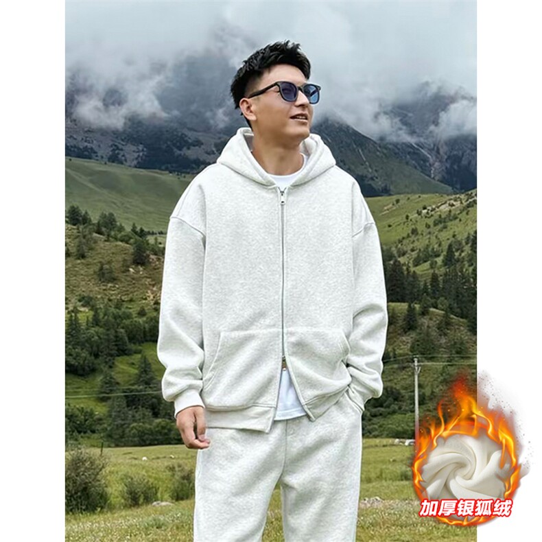 网图新款480g重磅银狐绒双拉链连帽卫衣外套男W24581J加绒-特P40,女装短外套,电商A001-1