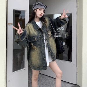 新款复古做旧破洞牛仔外套女春秋美式宽松炸街夹克上衣L88399-p65图片