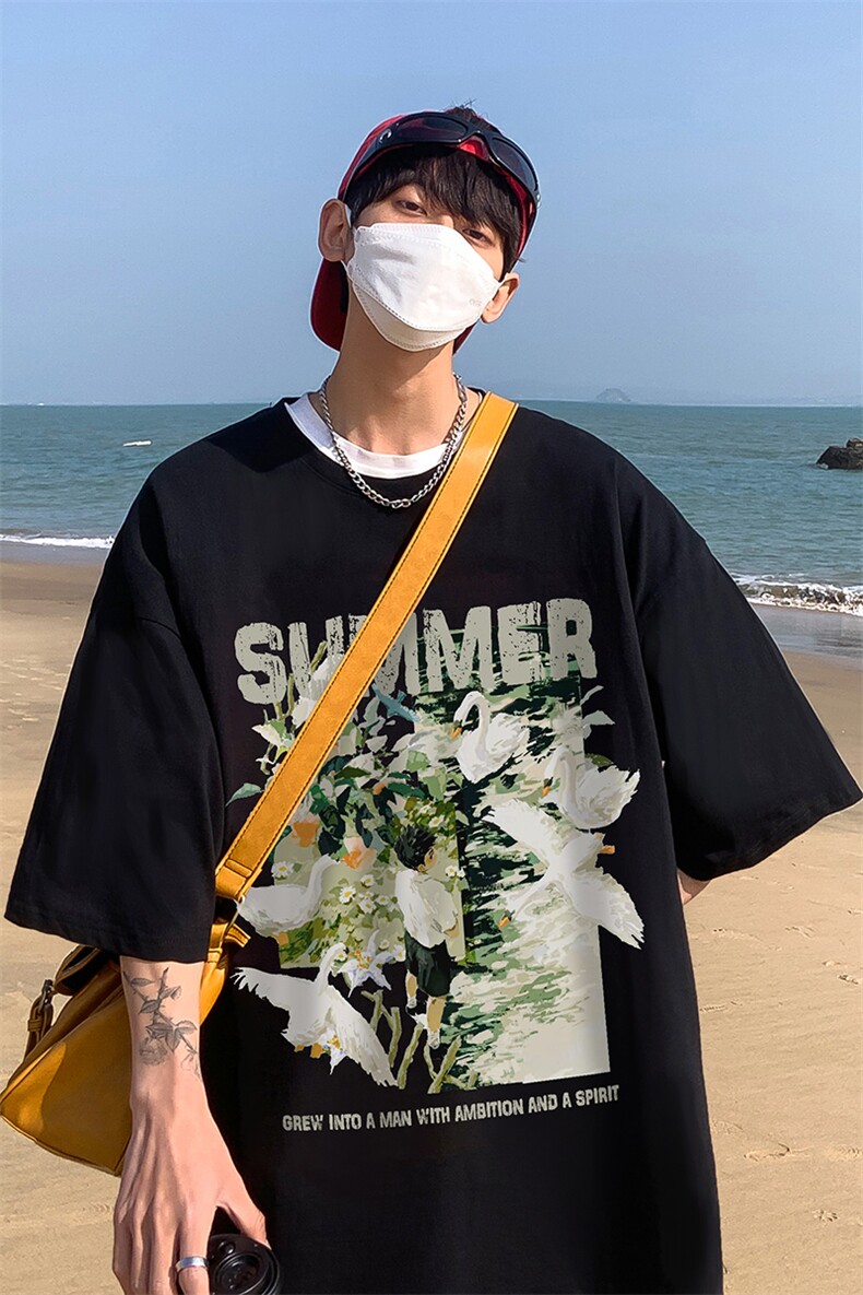 B239-1275-P28港风油画白天鹅创意印花夏季重磅落肩袖短袖t恤,男装T恤,星座514-2(原B239)