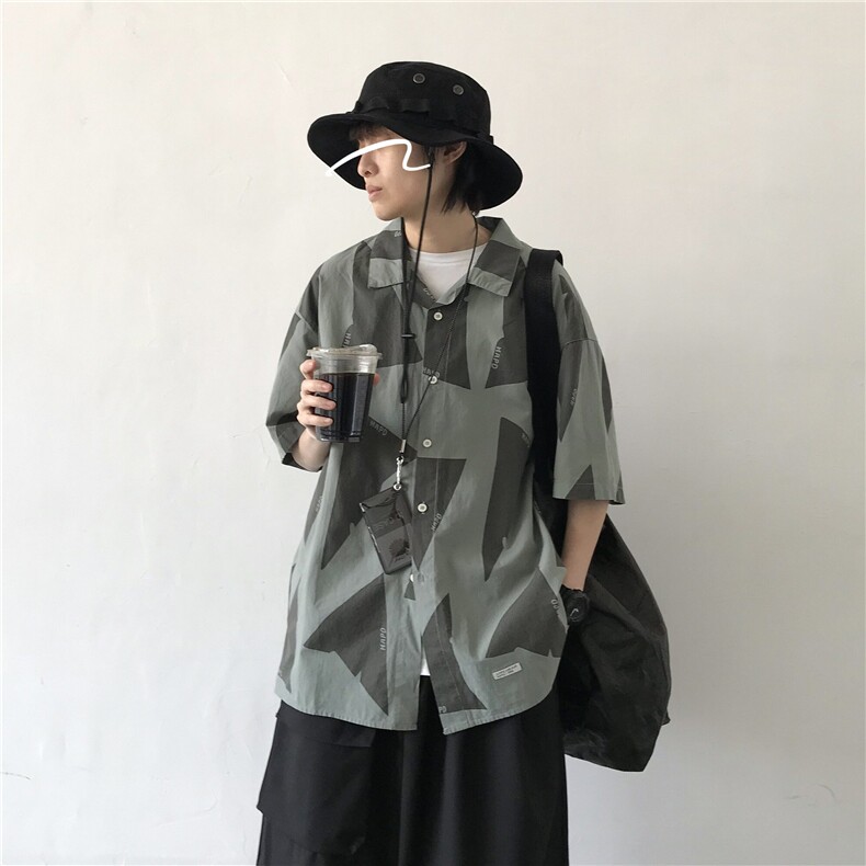 夏威夷风日系蓝色短袖衬衫男港风休闲印花拼色五分袖衬衣CG01,男装T恤,星座1116A（原606A-3）