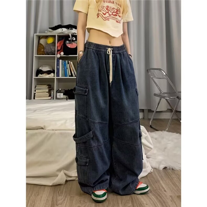 酷拽少女潮美式复古牛仔裤直筒宽松阔腿裤街舞嘻哈工装蓝色长图片
