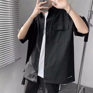 男短袖工装衬衫夏季日系潮牌半袖外套纯棉大口袋休闲宽松半袖衬衣图片
