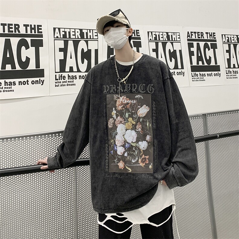 直播品质重磅纯棉美式蜡染水洗做旧潮牌宽松长袖t恤CT271特P38,男装T恤,电商A486