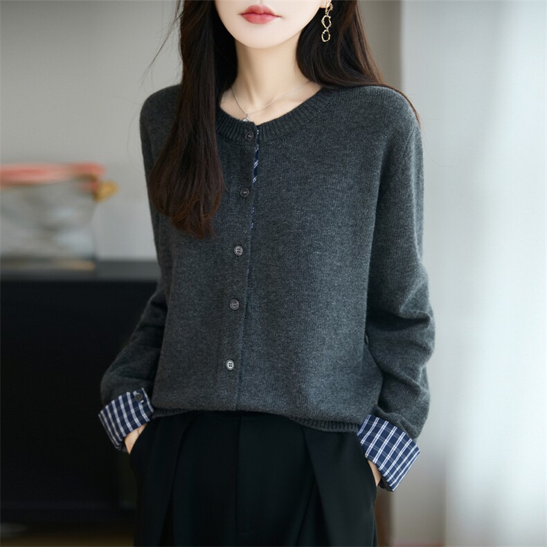 深蓝色针织开衫女2025新款韩系早秋穿搭毛衣拼接格子打底衫上衣,针织衫/毛衣,唐诺