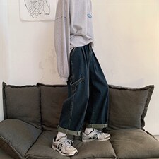 春季港风文艺工装日系宽松休闲口袋男牛仔裤坠感直筒阔腿裤老爹裤，男装牛仔裤，星座302B