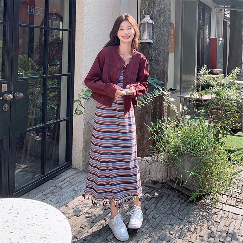 显瘦条纹连衣裙女2025春秋套装安哥拉红外套长裙流苏背心裙两件套,女装套装/套裙,2C305