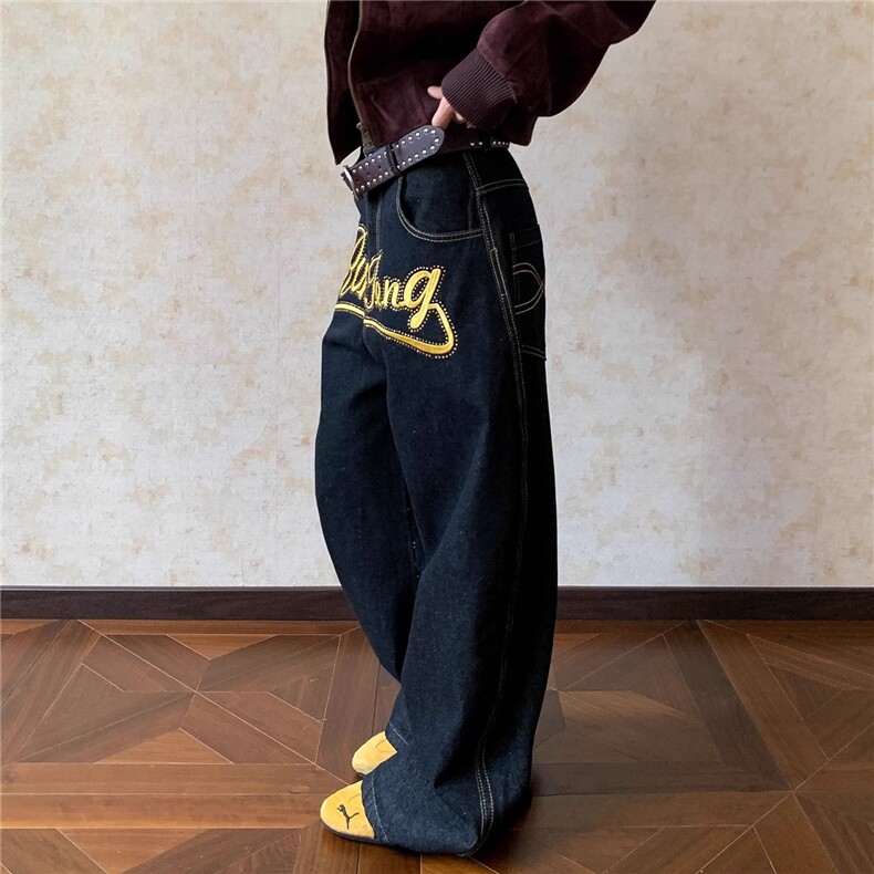 美式重工水洗刺绣弯刀牛仔裤辣妹街头宽松阔腿裤子女WLN0022-P59,男装牛仔裤,星座1008