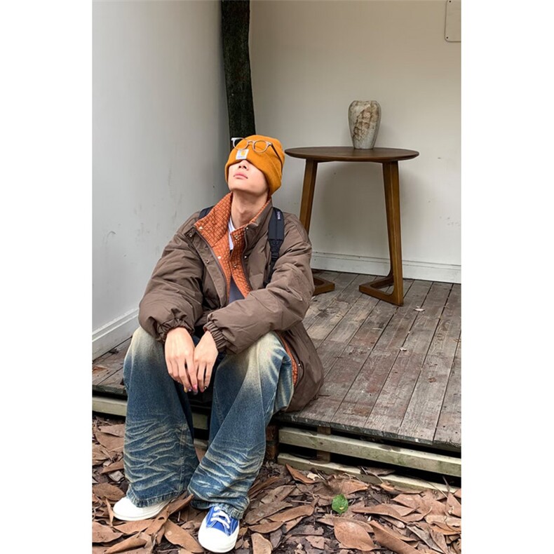 EAHO秋冬两面穿棕色复古立领棉服夹克男女情侣加厚外套,男装夹克,四季星座505