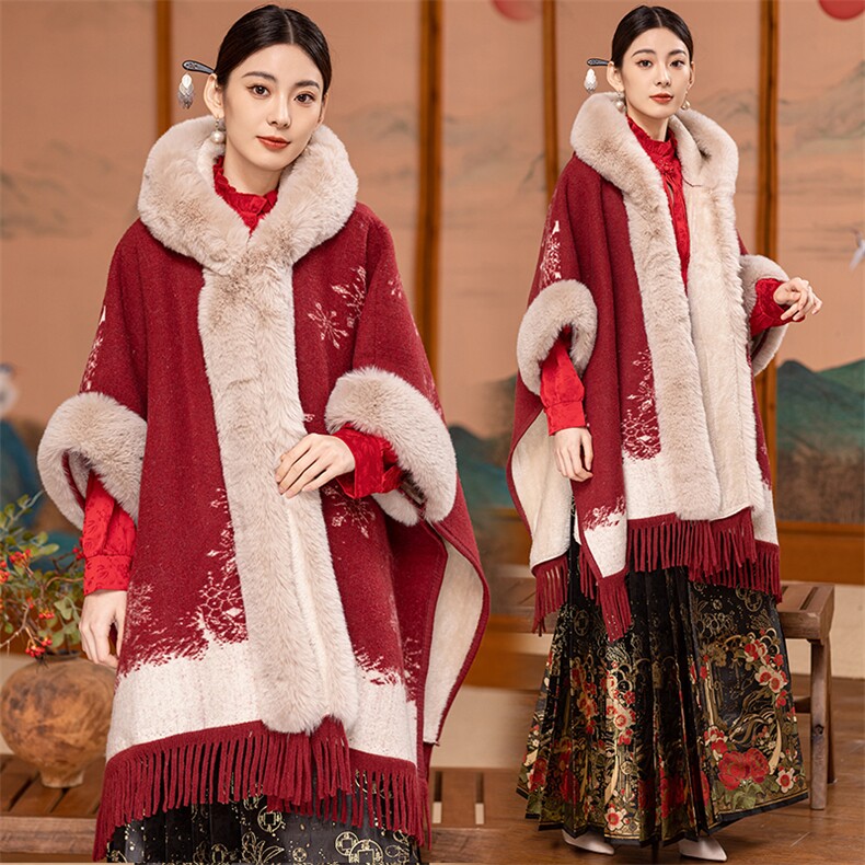 芷墨冬季新款复古简约新中式通勤红色拜年斗篷外套连帽大毛领大衣，女装毛呢外套，芷墨服饰