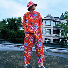 TZ340男士夏秋风大花套装大码宽松凉爽透气个性外套可作睡衣，男装休闲套装，星座115A-2