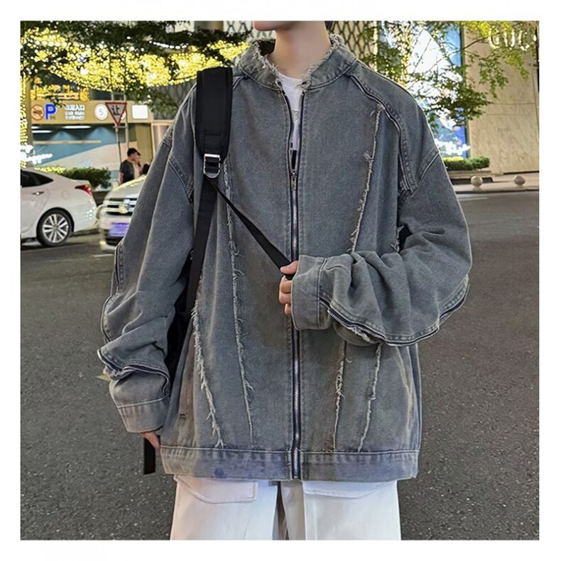 复古短款毛边廓形拉链牛仔外套男立领夹克设计感拼接上衣2213/P74,男装工装外套,星座506