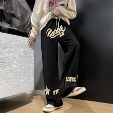 美式复古字母植绒刺绣休闲直筒裤男高街潮牌宽松阔腿长裤K446-p42，男装休闲裤，星座1008-1