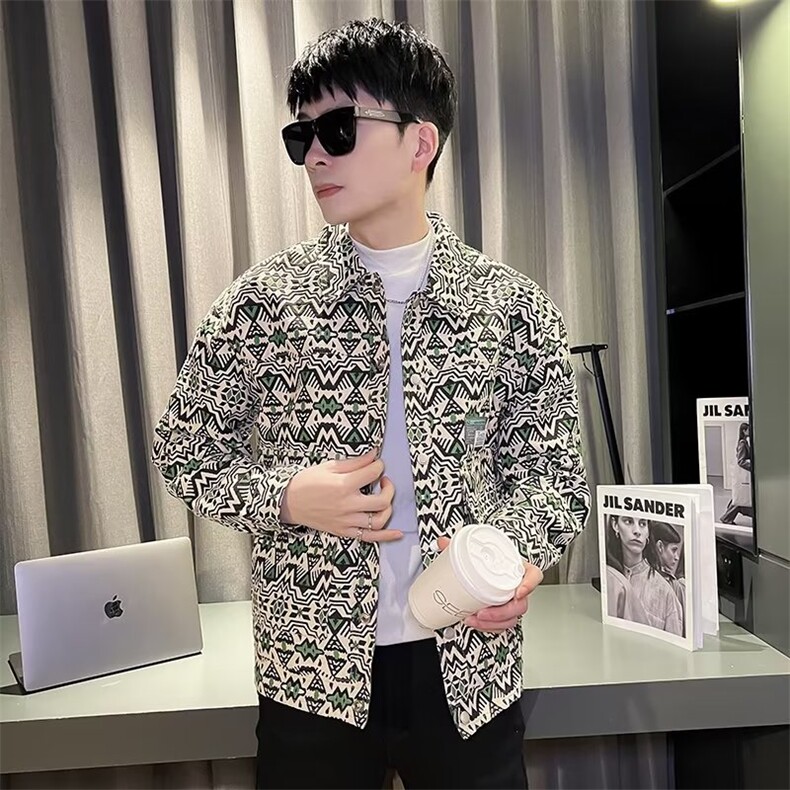 网红同款修身外套男休闲潮牌碎花上衣服春秋季精神小伙夹克JK31,男装夹克,星座1116A-2（原606A-1）