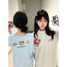 网图有货美式复古小猫咪魔术贴短袖T恤男女情侣宽松上衣A523-P45，男装T恤，星座1505