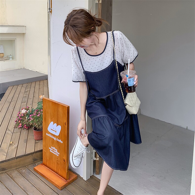 韩系穿搭蓝色拼接吊带连衣裙女夏超火休闲小众漂亮鱼尾假两件裙子,女装连衣裙,浪娴服饰