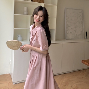现货-夏新款法式复古通勤中长款系带收腰粉色连衣裙349-P115-K178图片