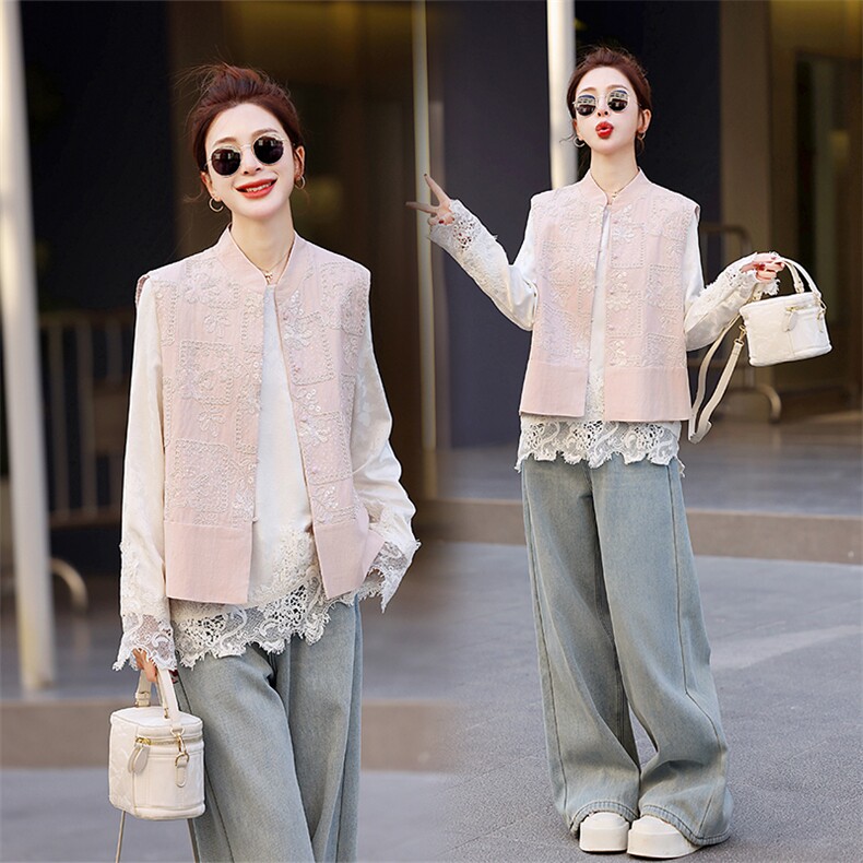 春秋新款小众设计新中式国风蕾丝拼接宽松衬衫搭配单排扣提花马甲，女装马甲，秋水欣儿