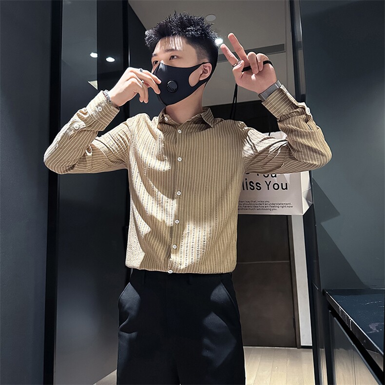 店主风条纹衬衫男长袖修身潮流百搭社会小伙301C-CS07-P58控78图片