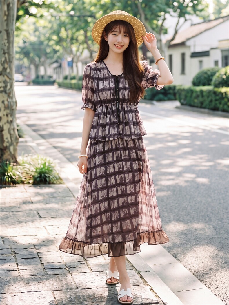 时尚休闲格纹显瘦系带上衣木耳边半裙超仙两件套女,女装套装/套裙,水衣源
