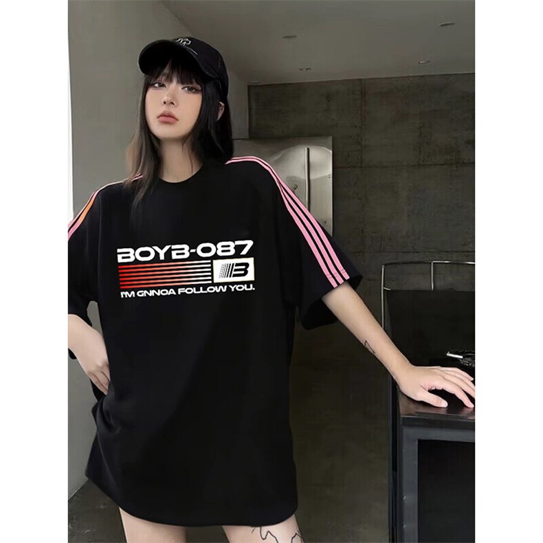 抖音得物品质二开240克宽松纯棉美式潮牌印花三条杠中性风短袖T恤,男装T恤,电商A486