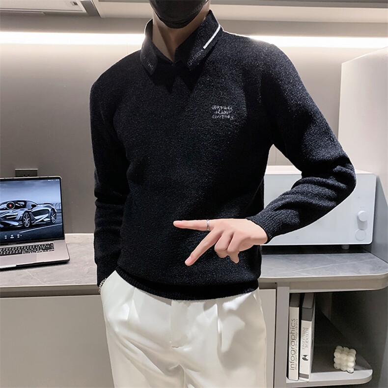 店主风小伙秋冬男修身衬衫领假二件针织毛衣301A-1/M66/P75控95,男装针织衫/毛衣,星座301A-1