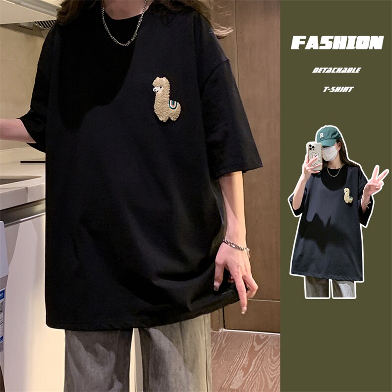 中性夏季毛巾绣羊驼卡通圆领宽松半袖T恤女短袖潮D289P25控39,男装T恤,电商A335-1（原A458）