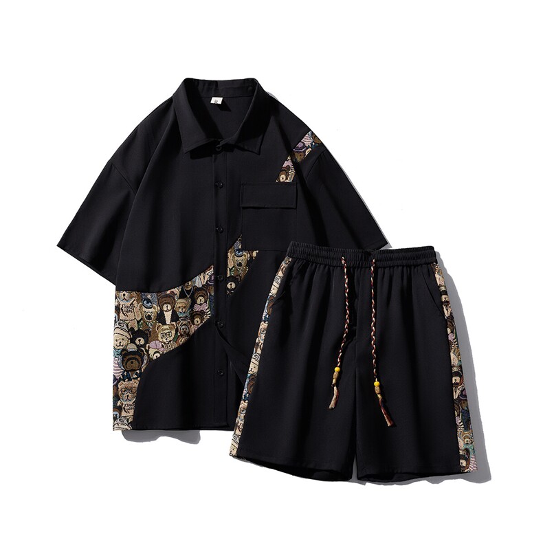 1小熊短袖衬衫男+短裤大码M-5XL套装92%聚酯纤维8%氨纶TZ77057P70，男装休闲套装，星座226-2