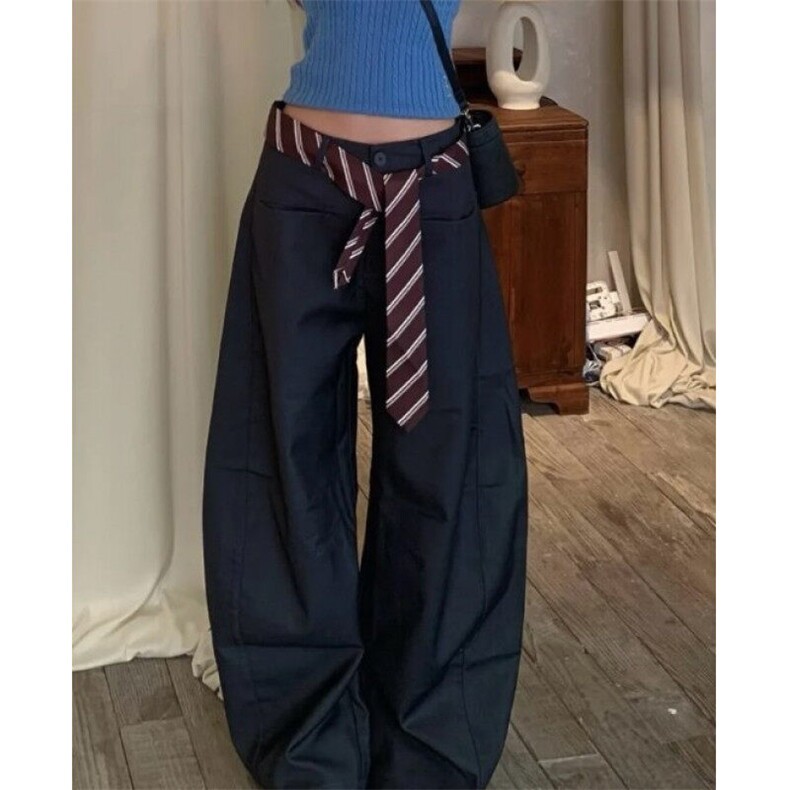男女美式领带飘带设计弯刀休闲裤西裤2025春夏经典搭配宽松阔腿裤图片