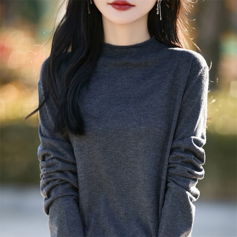 卷边半高领超细精纺羊毛衫女春秋薄款针织毛衣宽松打底衫短款上衣,女装羊毛衫,总能电商供货