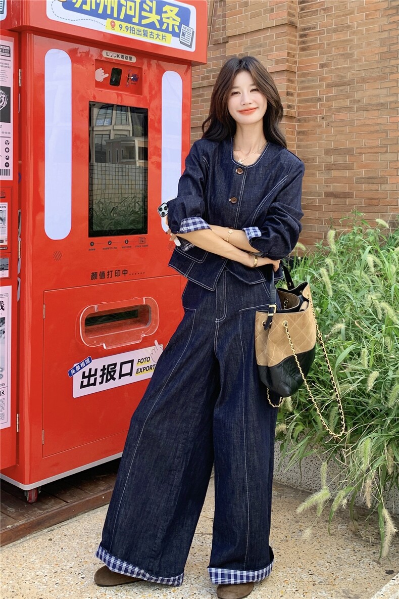 现货新款牛仔外套阔腿裤两件25091P175K,女装套装/套裙,2D035