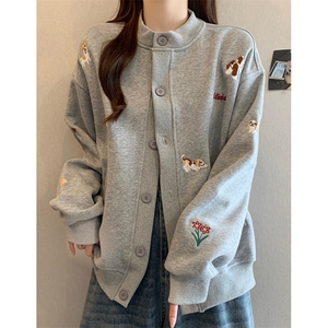 可爱小狗刺绣灰色圆领棒球服外套女春秋情侣开衫卫衣 W2052图片